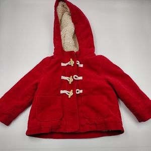 Mini Boden Red Baby Corduroy Peacoat Jacket Faux fur lined Coat Toggle Pad